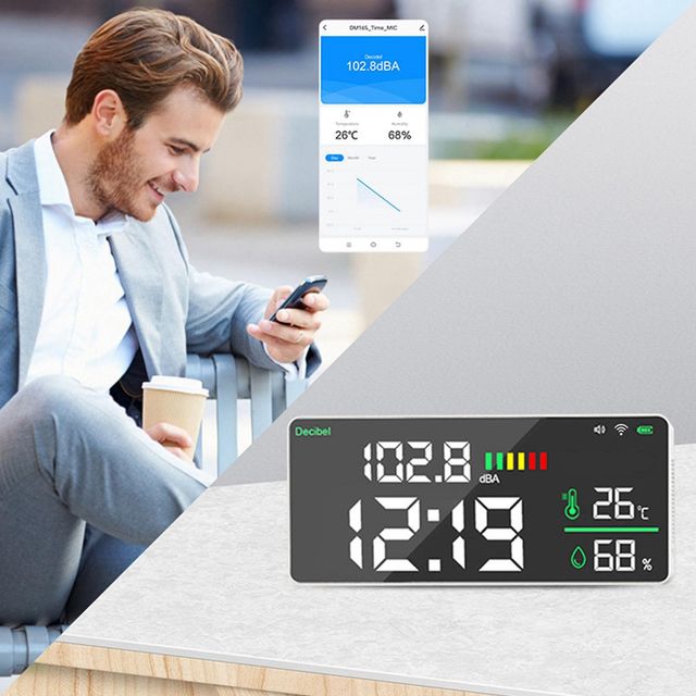 Miernik Decybeli 4 w 1 – 11" LED, WiFi, Termometr, Higrometr, Zegar