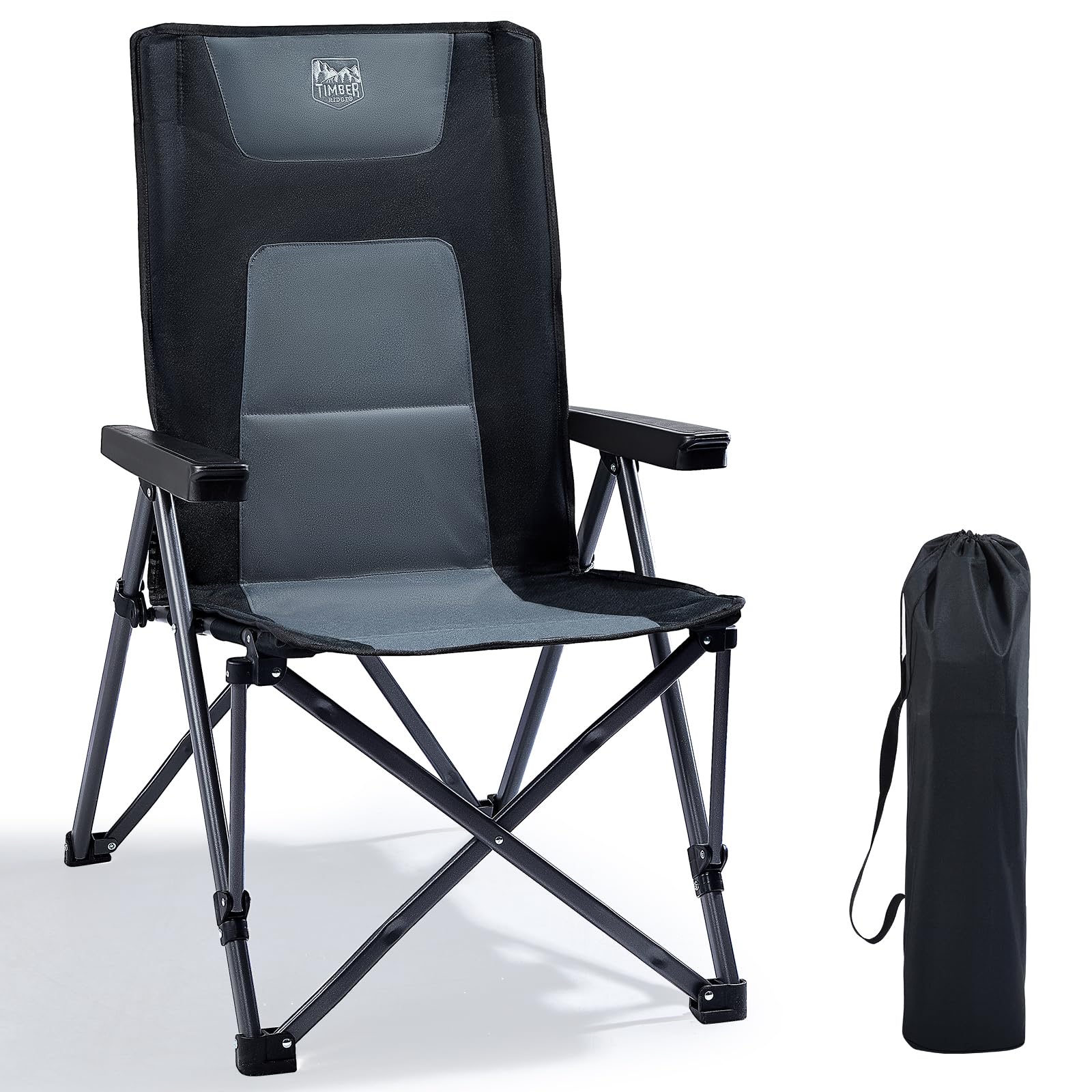 TIMBER RIDGE Folding Camping Chair – 260kg, 4 Positions, Armrests, Black