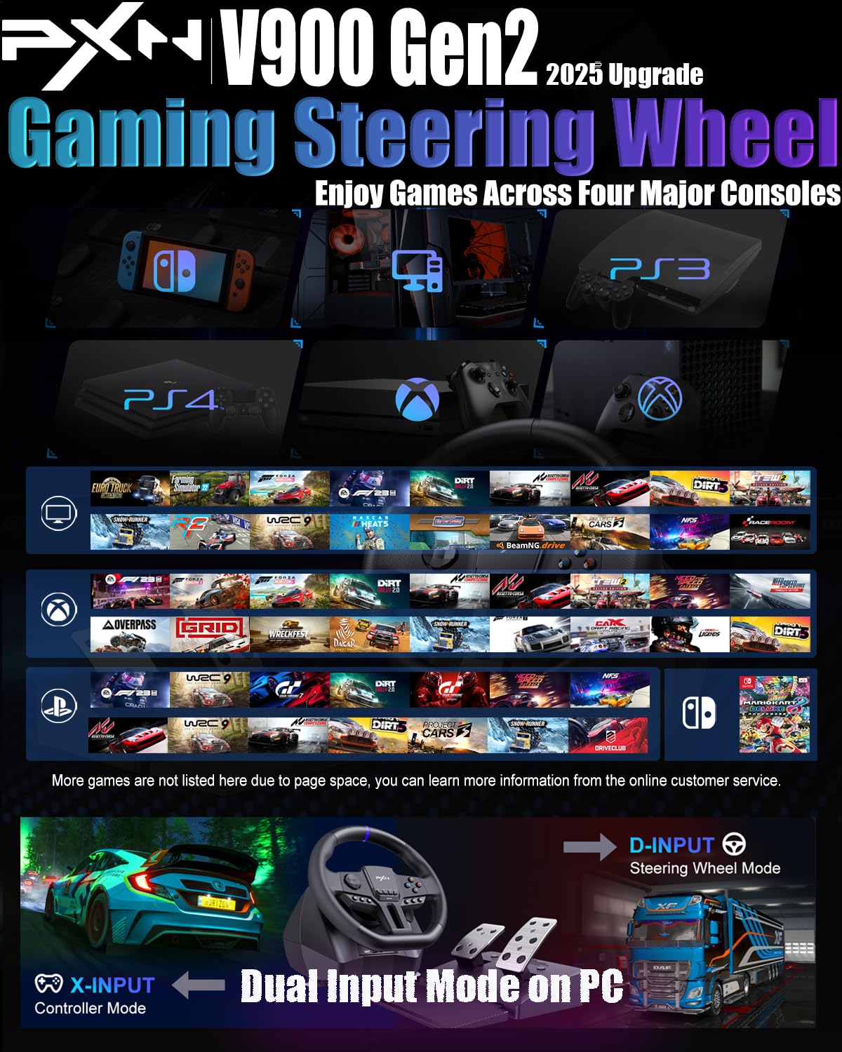 PXN V900 Gen2 Gaming Steering Wheel with Pedals – PC, PS4/PS3, Xbox, Switch