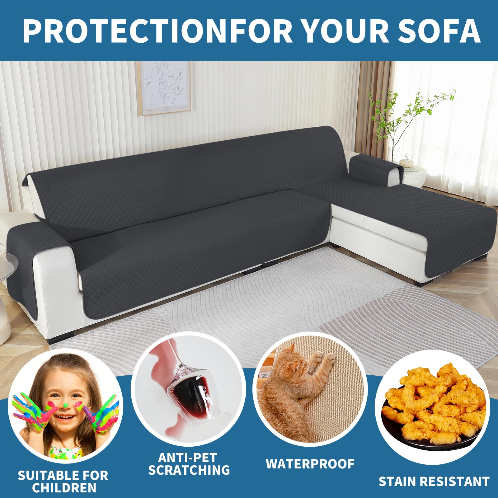 Waterproof Reversible 4-Seater L-Shaped Corner Sofa Cover for Left/Right - Dark Grey 285cm
