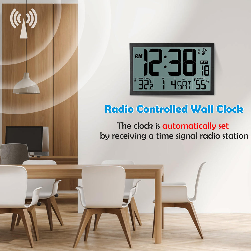 Digital Radio Wall Clock 16.7" with Temp. and Humidity Display – Black