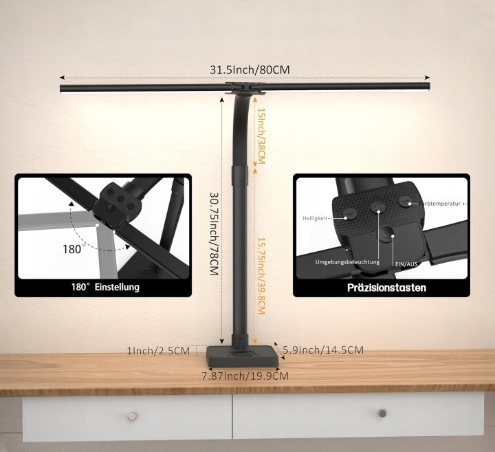Lampa biurkowa LED 24W – podwójna głowica, 80 cm, ściemnialna