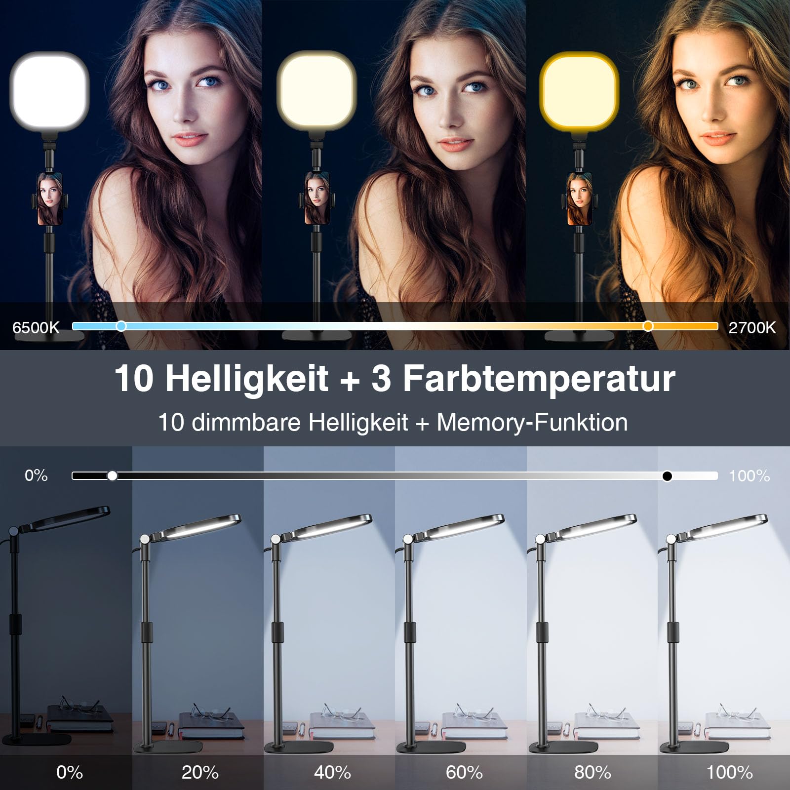LitONES Dimmable LED Desk Lamp with Tripod for Video Conferencing, 3 Colors – Black