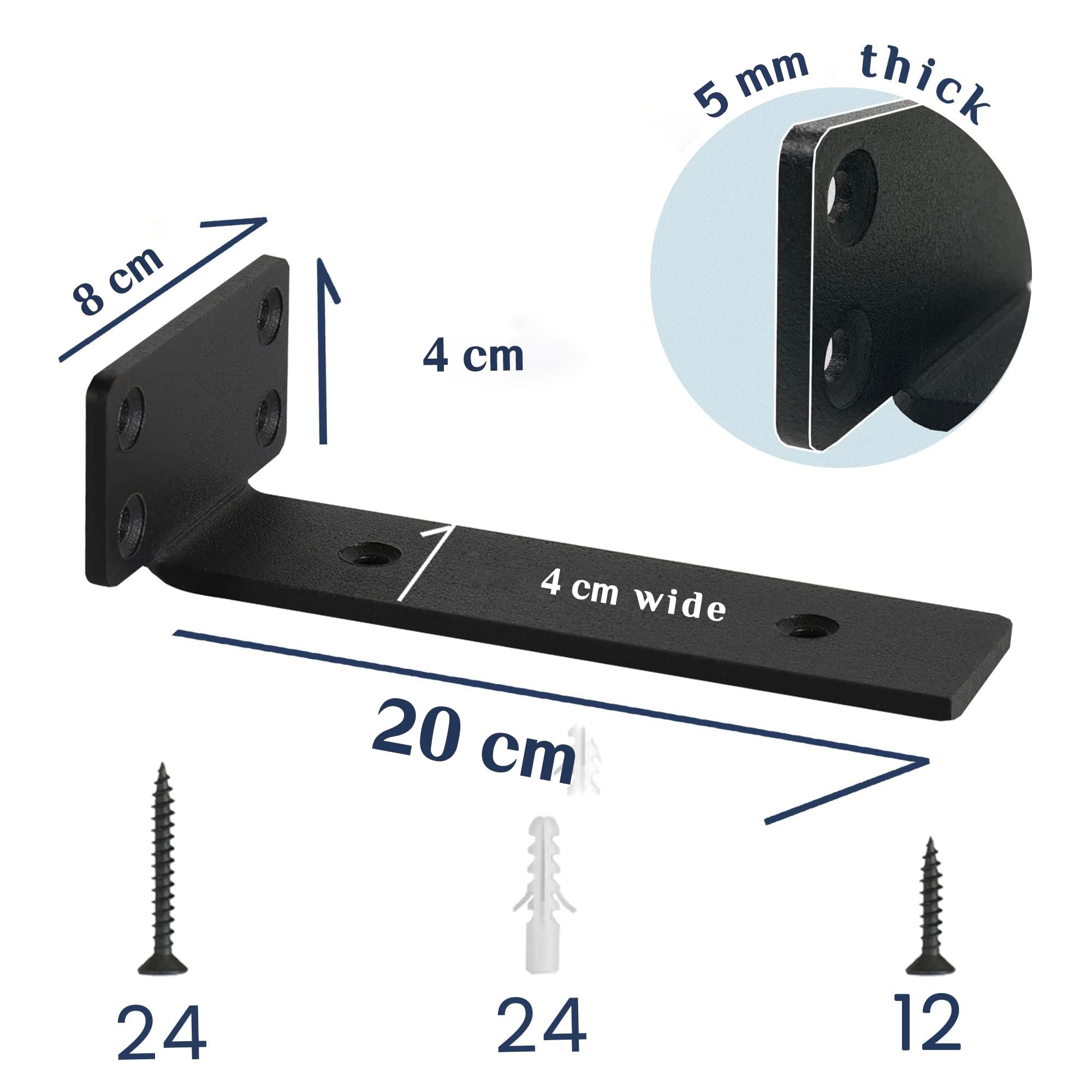 Reinforced 90° Metal Shelf Bracket for DIY – Black 200mm