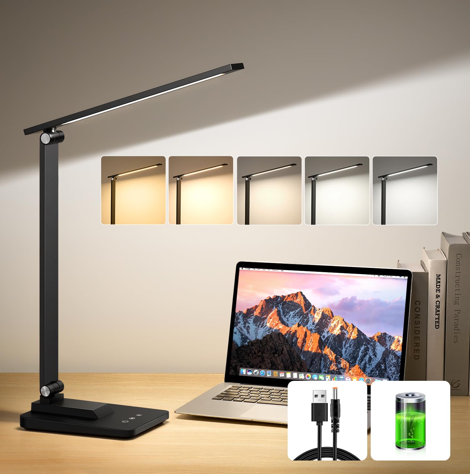Wireless Rechargeable Desk Lamp 3600mAh Touch 10 Brightness Levels 5 Modes Flexible Eye Protection – Black