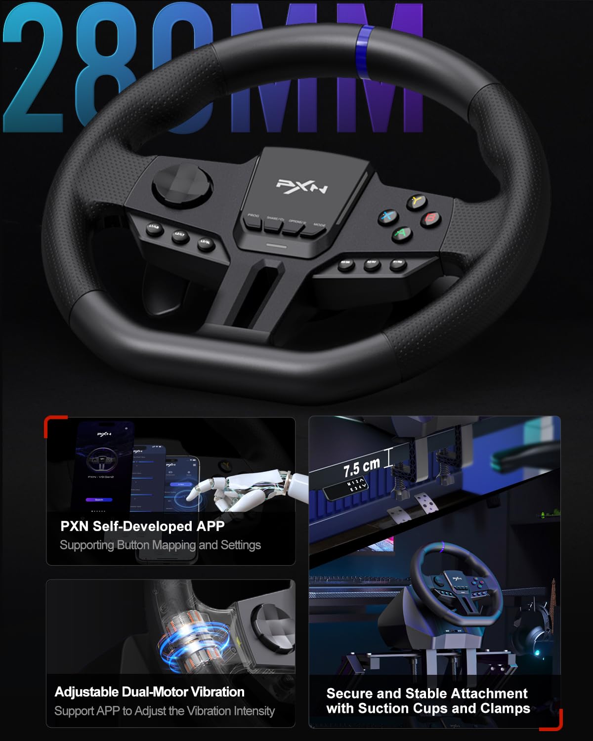 PXN V900 Gen2 Gaming Steering Wheel with Pedals – PC, PS4/PS3, Xbox, Switch