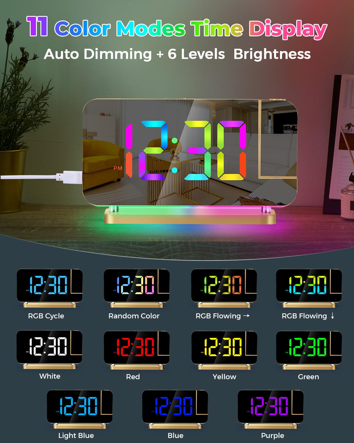 SZELAM projektorowy budzik LED lustro z RGB nocną lampką – Złoty 7,4 cala