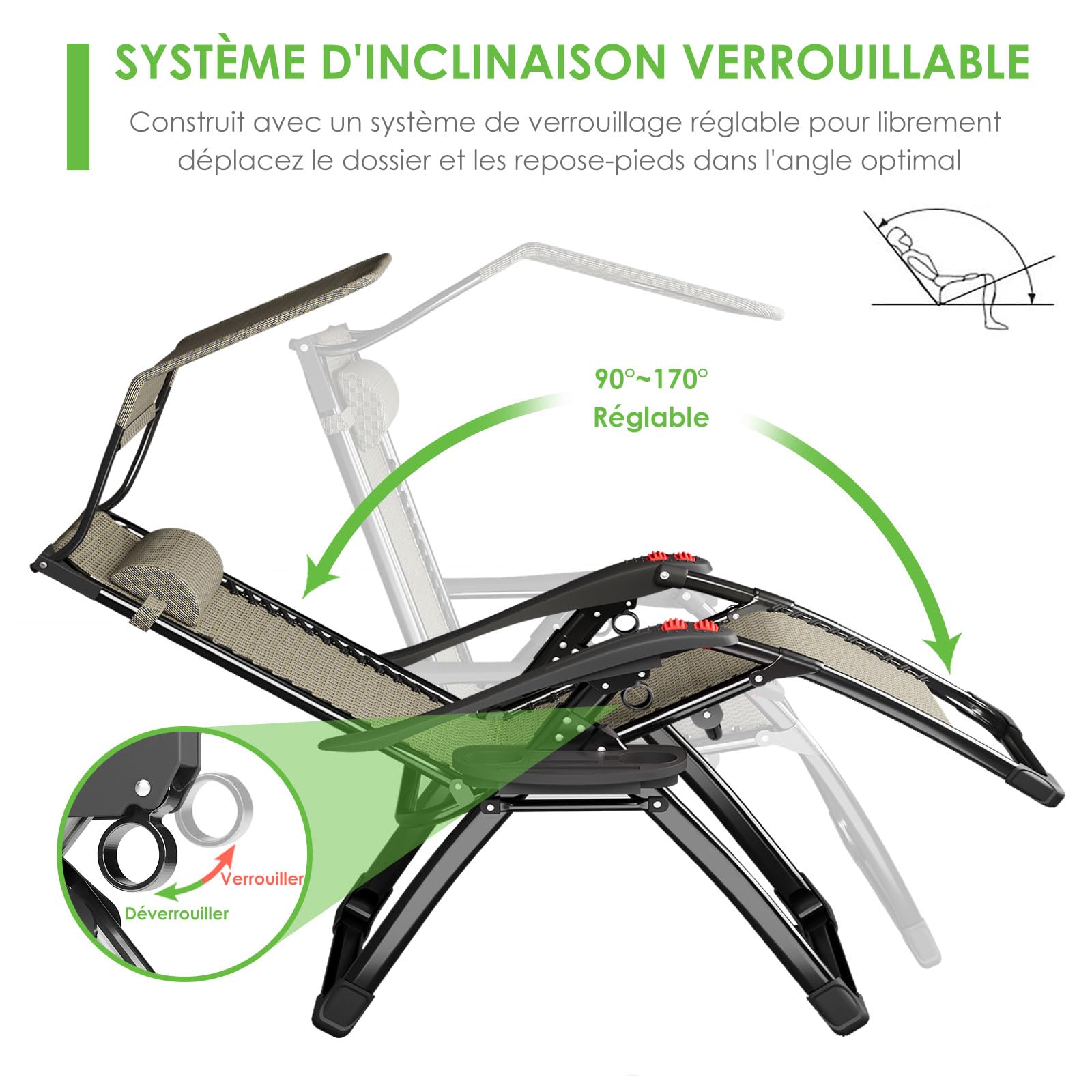 ATORPOK Garden Lounger with Canopy and Cushion - Foldable, Adjustable, 200kg, Weather-Resistant