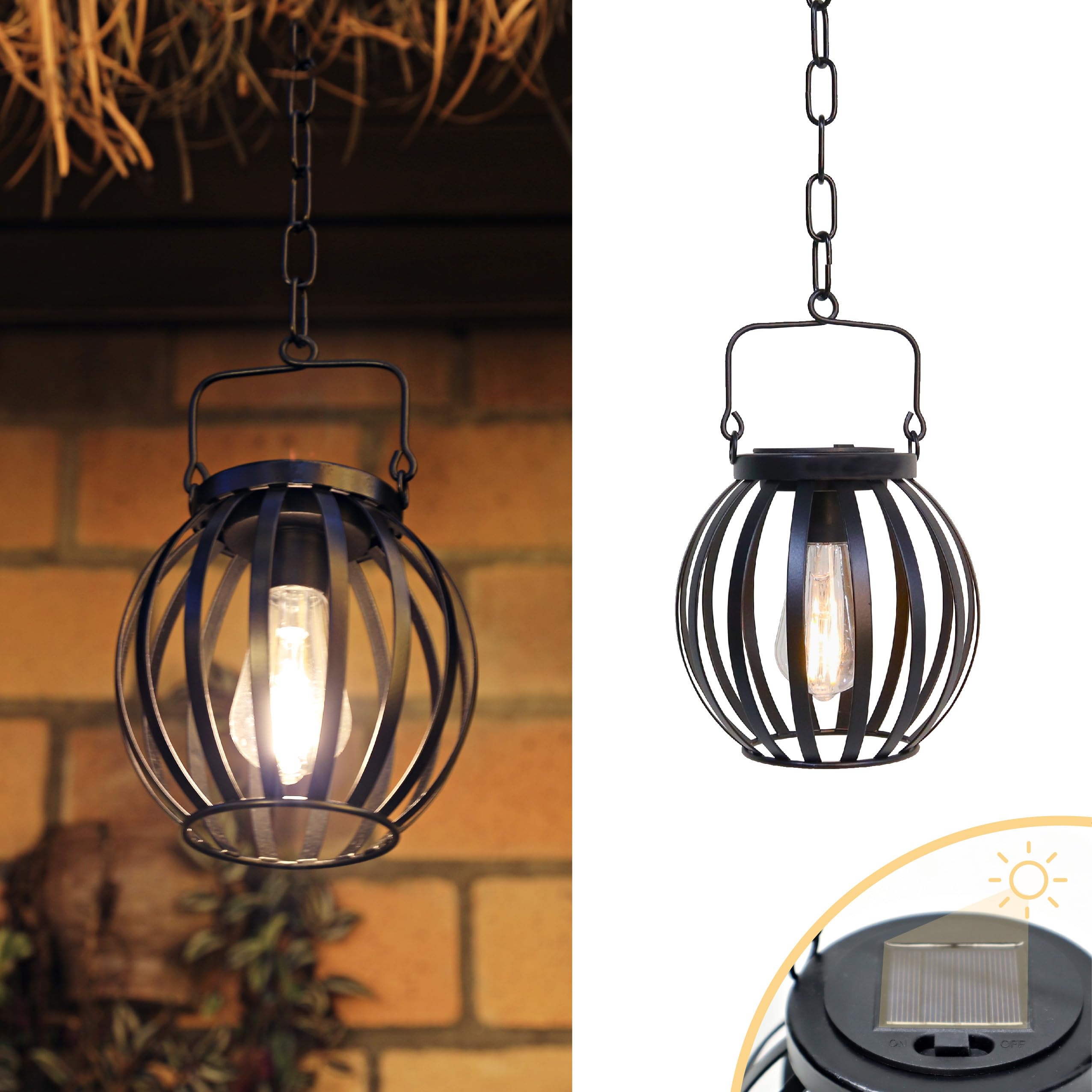 Outdoor Solar Hanging Lamp Waterproof Metal – Decorative Oval Garden Lamp, Black