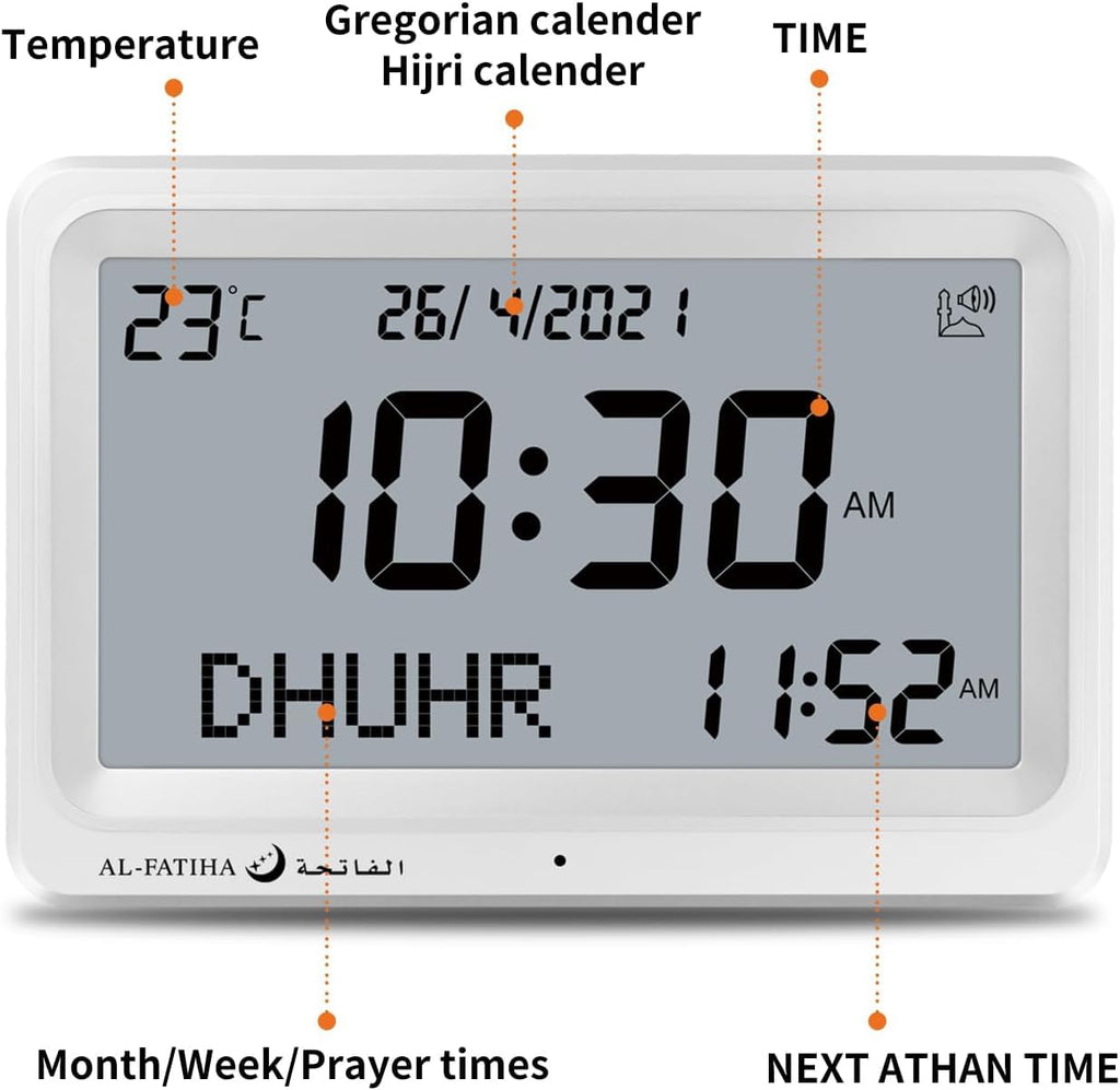 Digital Azan Clock with Automatic Prayer Times – 8 Sounds, White