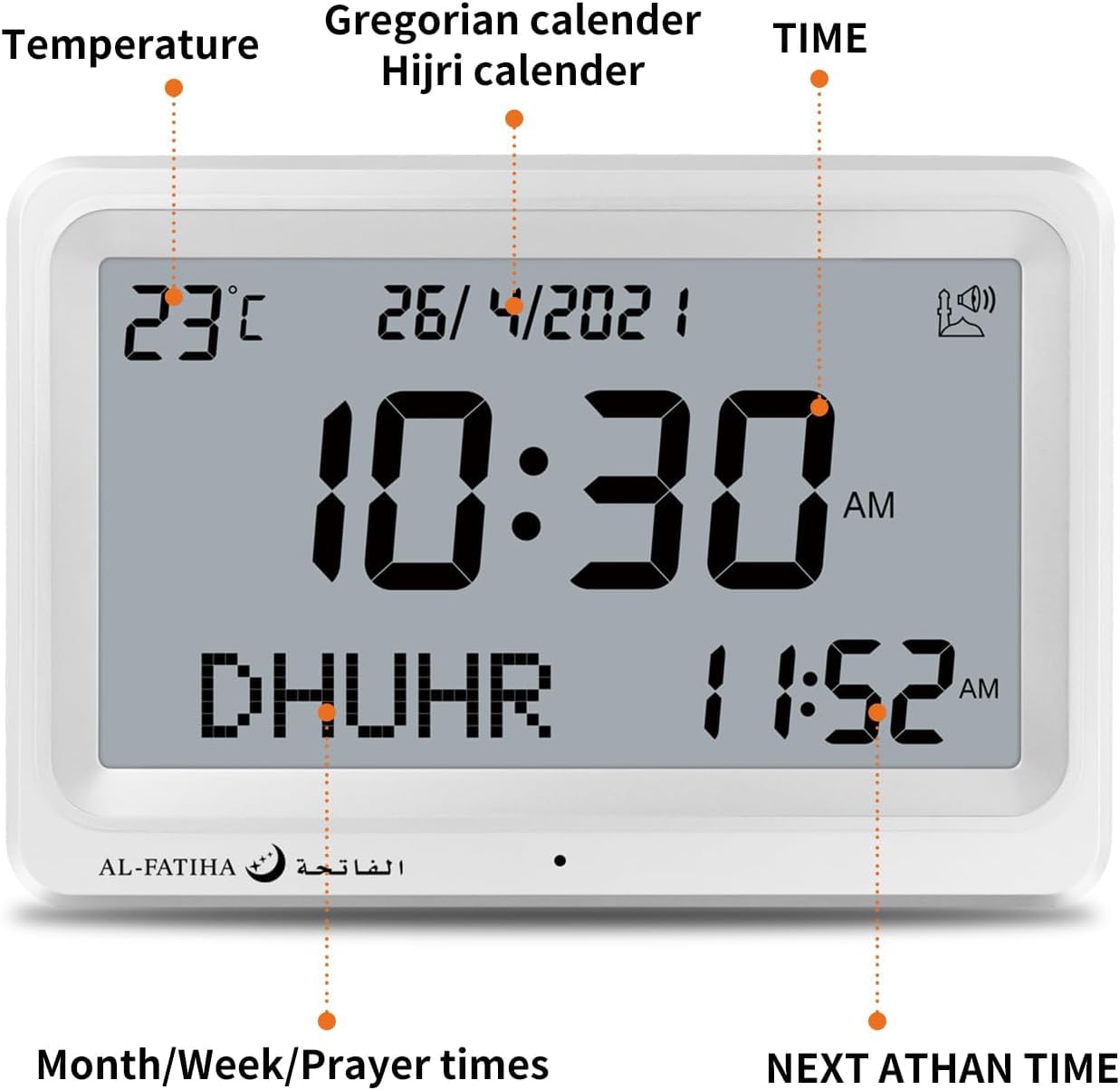 Digital Azan Clock with Automatic Prayer Times – 8 Sounds, White