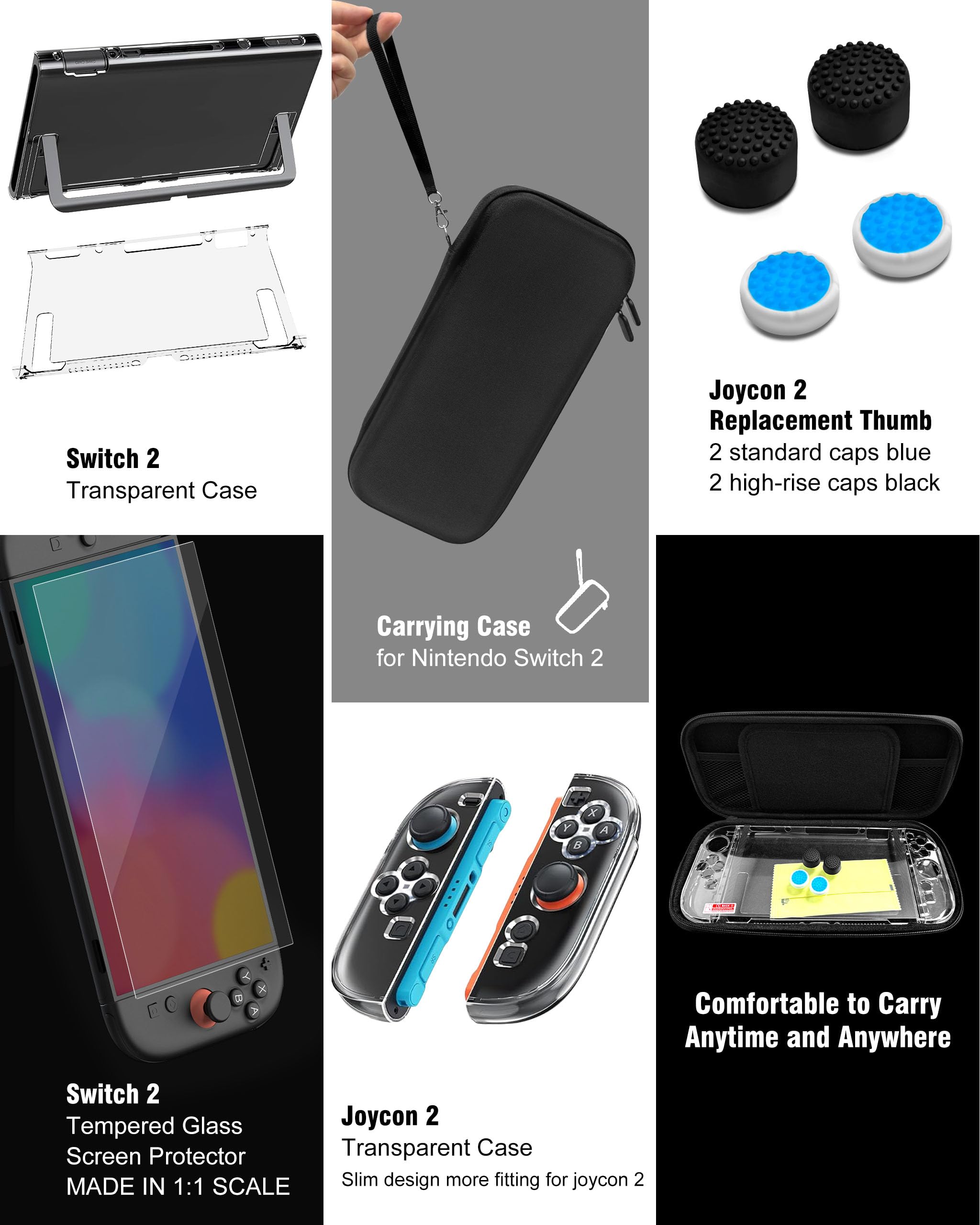 Joso Switch 2 Protective Case with Screen Protector and Accessories - Hard Black