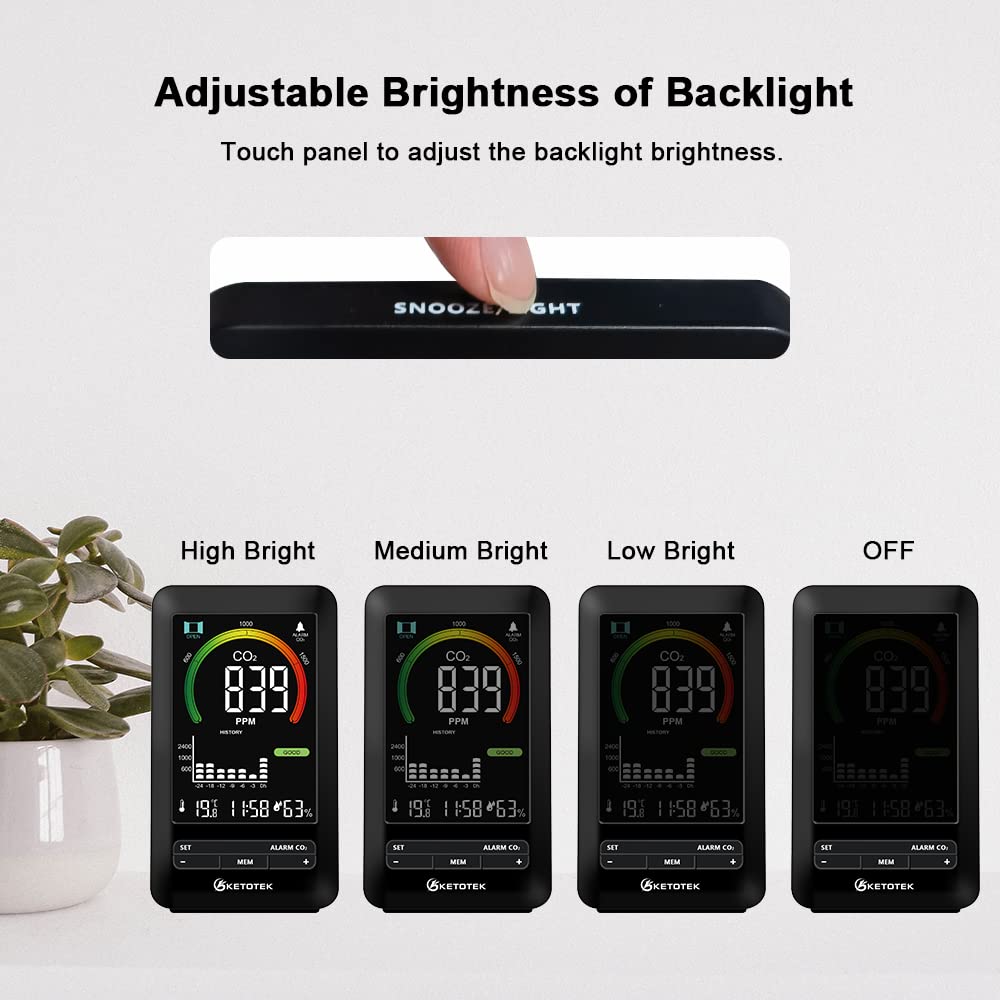 CO2 meter indoor air quality detector temp humidity alarm graphic display - black
