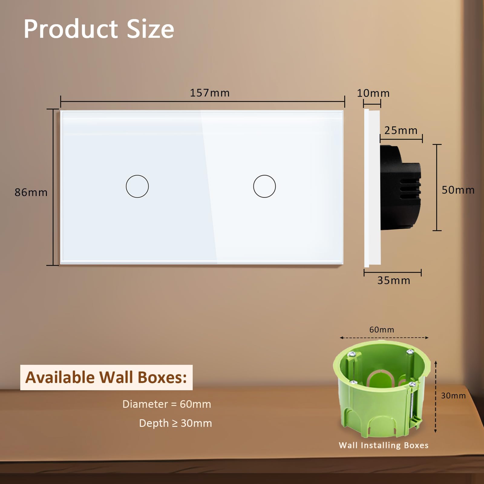 TAWOIA 1-Gang 1-Way Light Switch Glass Plate Touch Control – White 86 x 157 mm