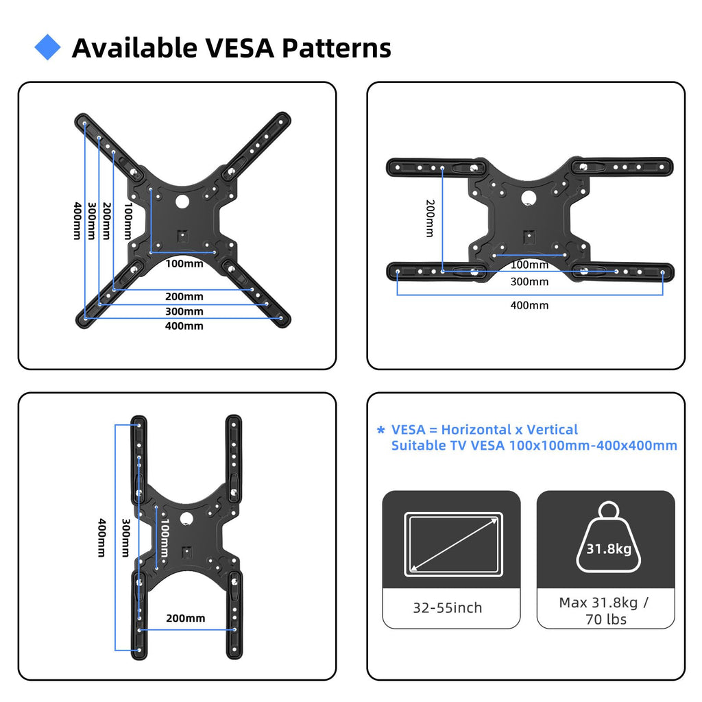 Suptek TV Wall Mount Swivel Tilt Extendable for 32-55 inch TVs VESA 400x400mm – Black