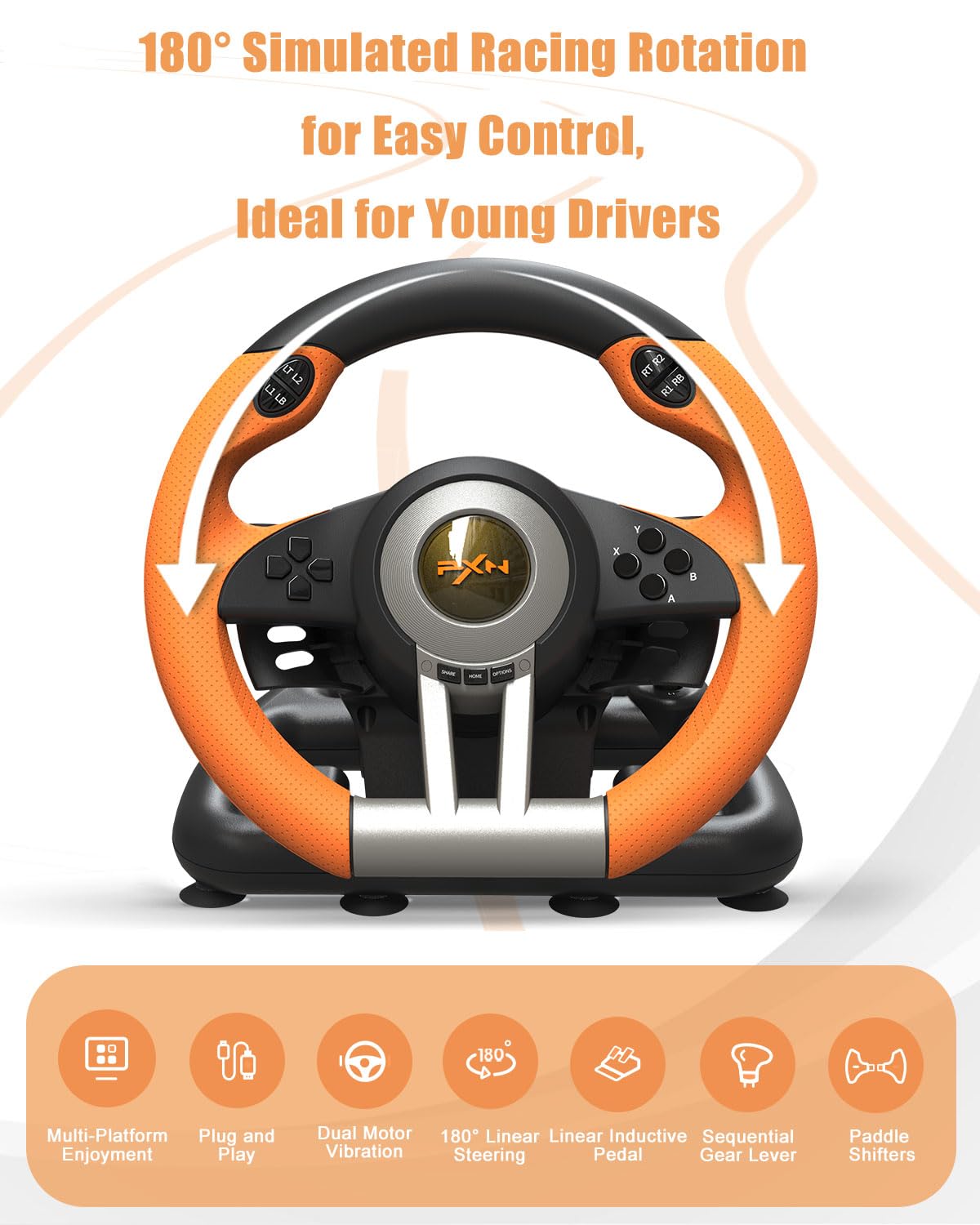 PXN V3 Pro Gaming Steering Wheel with Pedals – 180°, Vibration, Paddle Shift – Orange