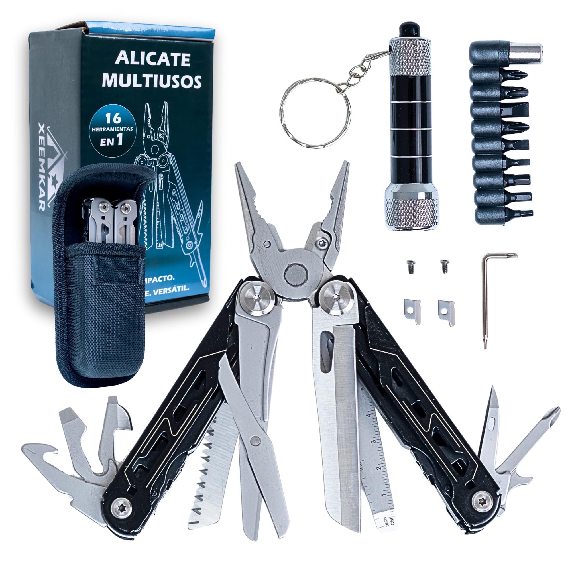 XEEMKAR Pro 16-in-1 Multifunction Pliers Stainless Steel with Flashlight – Black