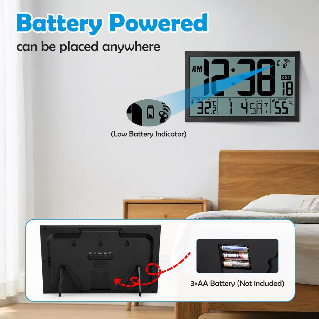 Digital Radio Wall Clock 16.7" with Temp. and Humidity Display – Black