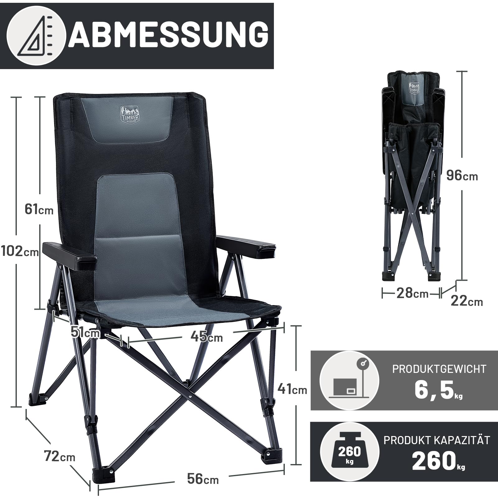 TIMBER RIDGE Folding Camping Chair – 260kg, 4 Positions, Armrests, Black