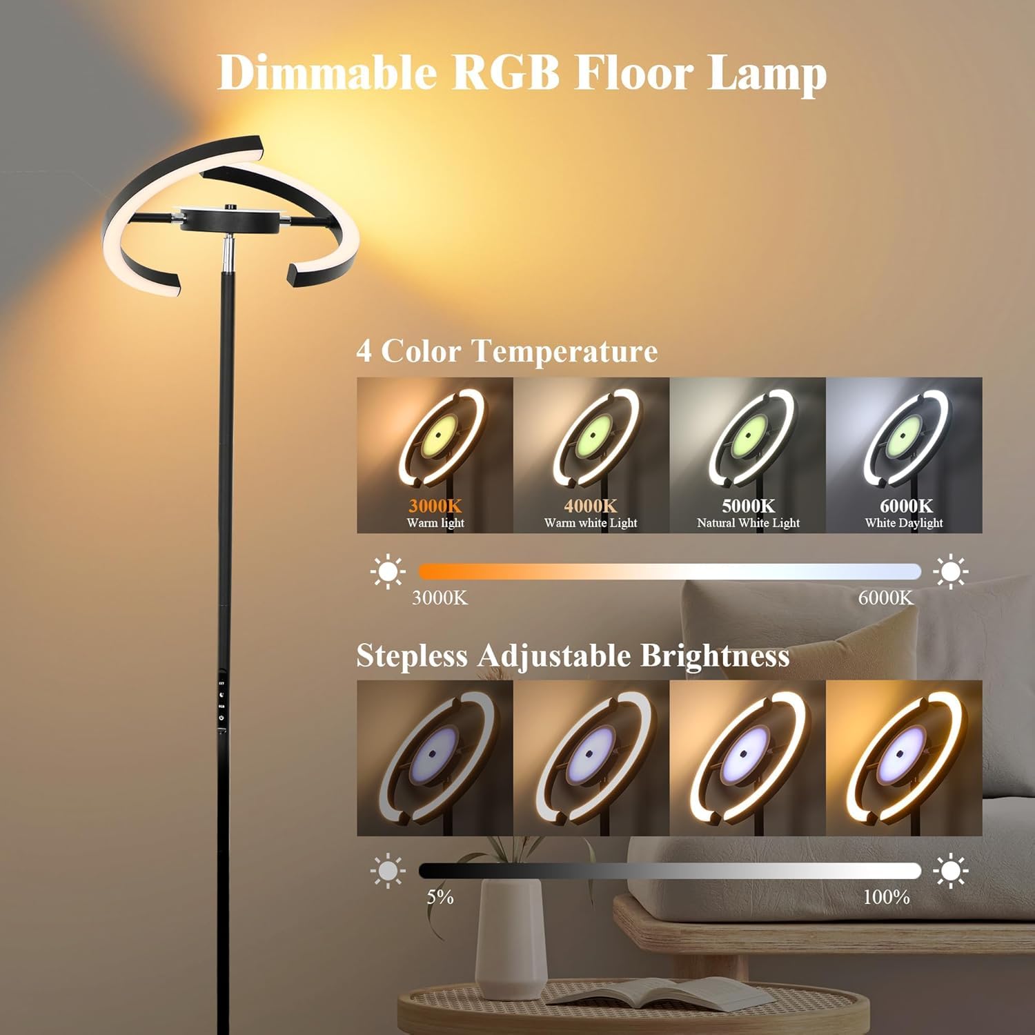 Lampa stojąca LED RGB ściemnialna 28W 182cm pilot dotyk 3000–6000K – Czarny