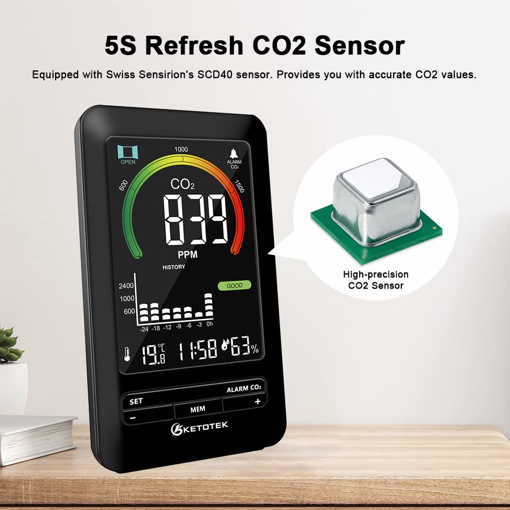 CO2 meter indoor air quality detector temp humidity alarm graphic display - black