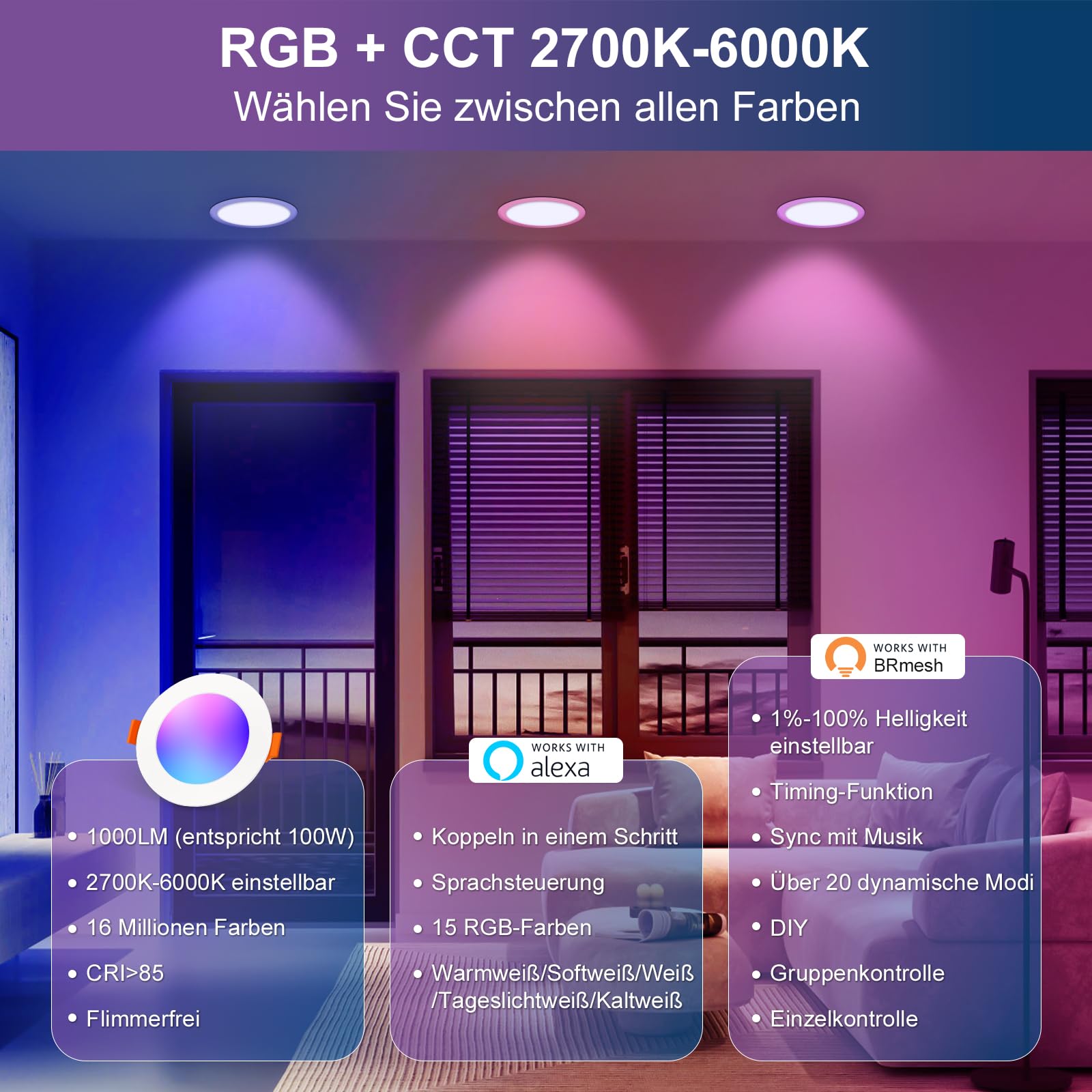DUSKTEC LED Built-in Spotlights Smart RGB Dimmable 10W – 4 Pcs.