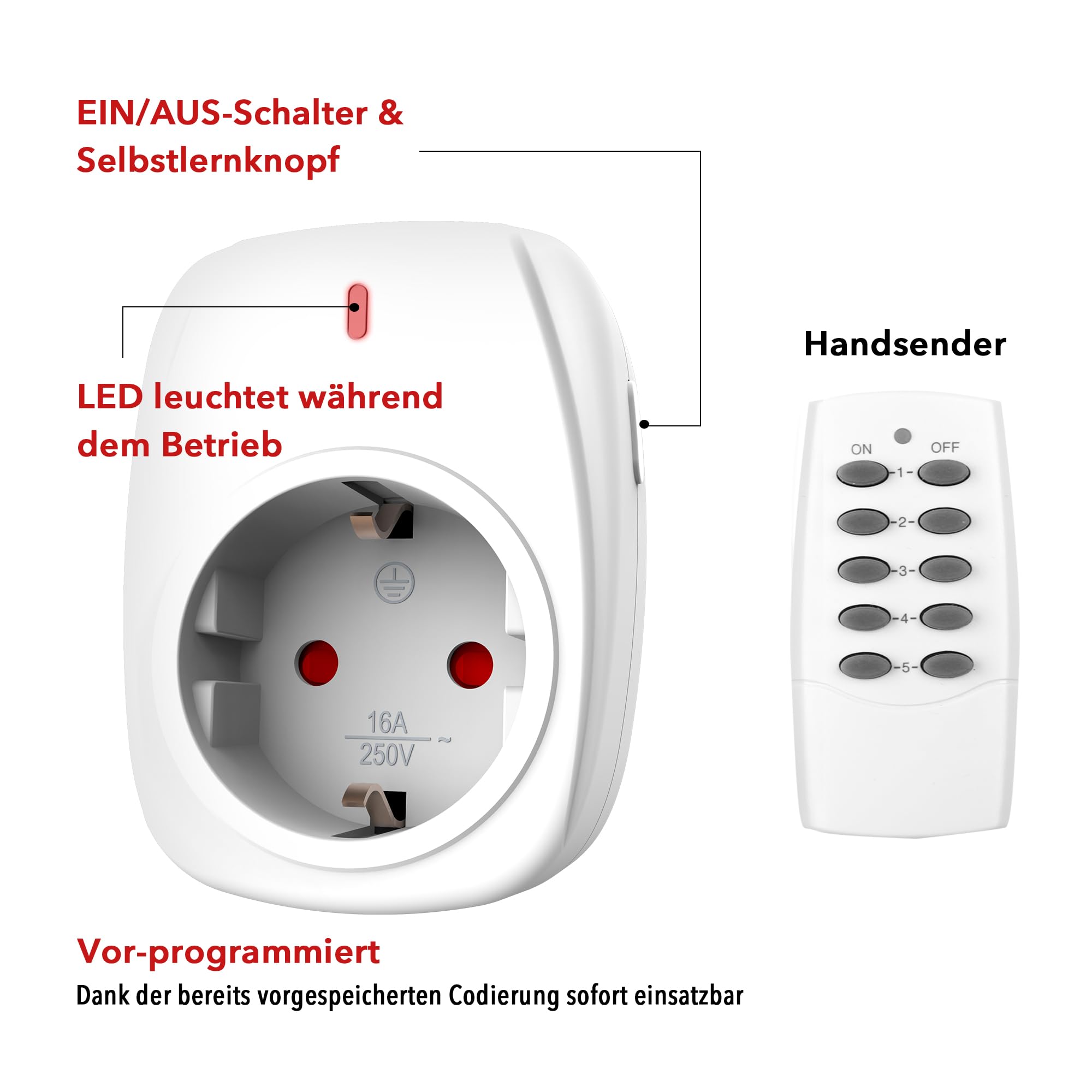 HBN 5X Wireless Sockets with 2 Remote Controls 16A 3680W – White