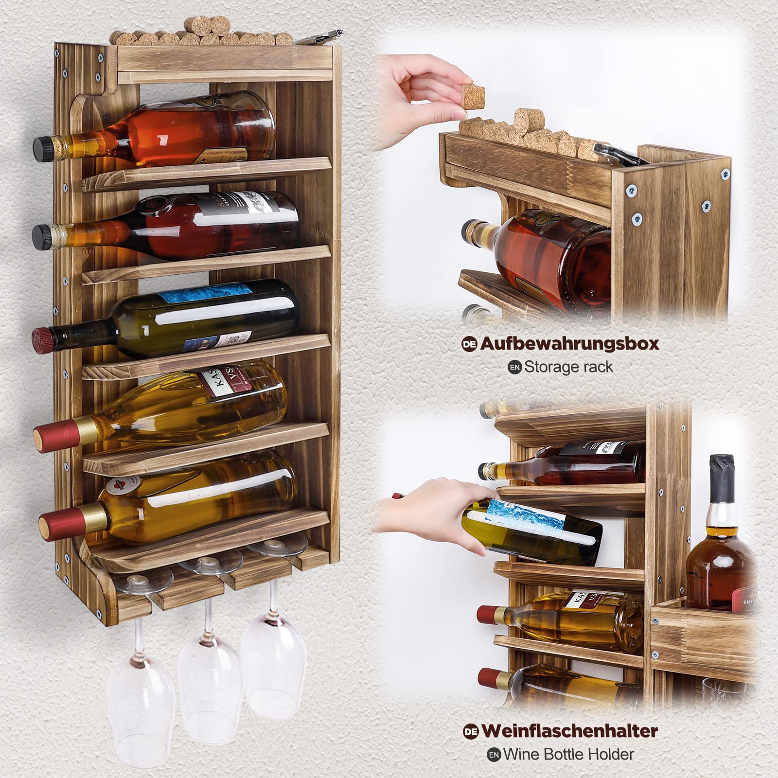 Yorbay Wine Rack - Burnt Wood Pallet, Cork and Glass Holder, Vintage Style