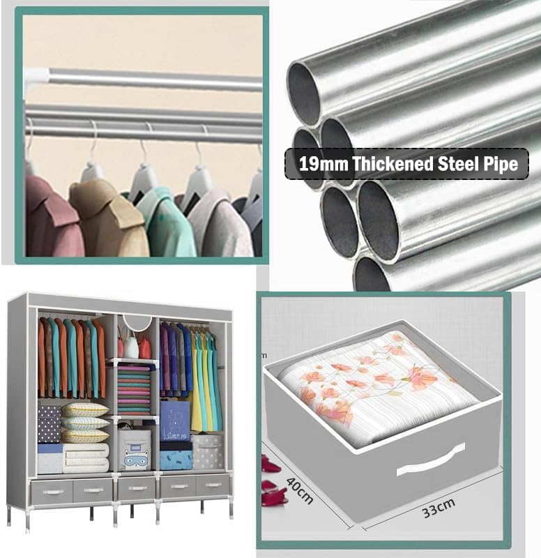 Anmas Portable Fabric Wardrobe - Rail + 5 Drawers, Black