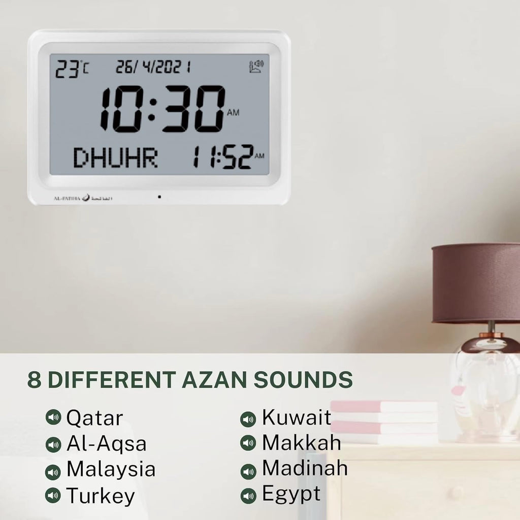 Digital Azan Clock with Automatic Prayer Times – 8 Sounds, White