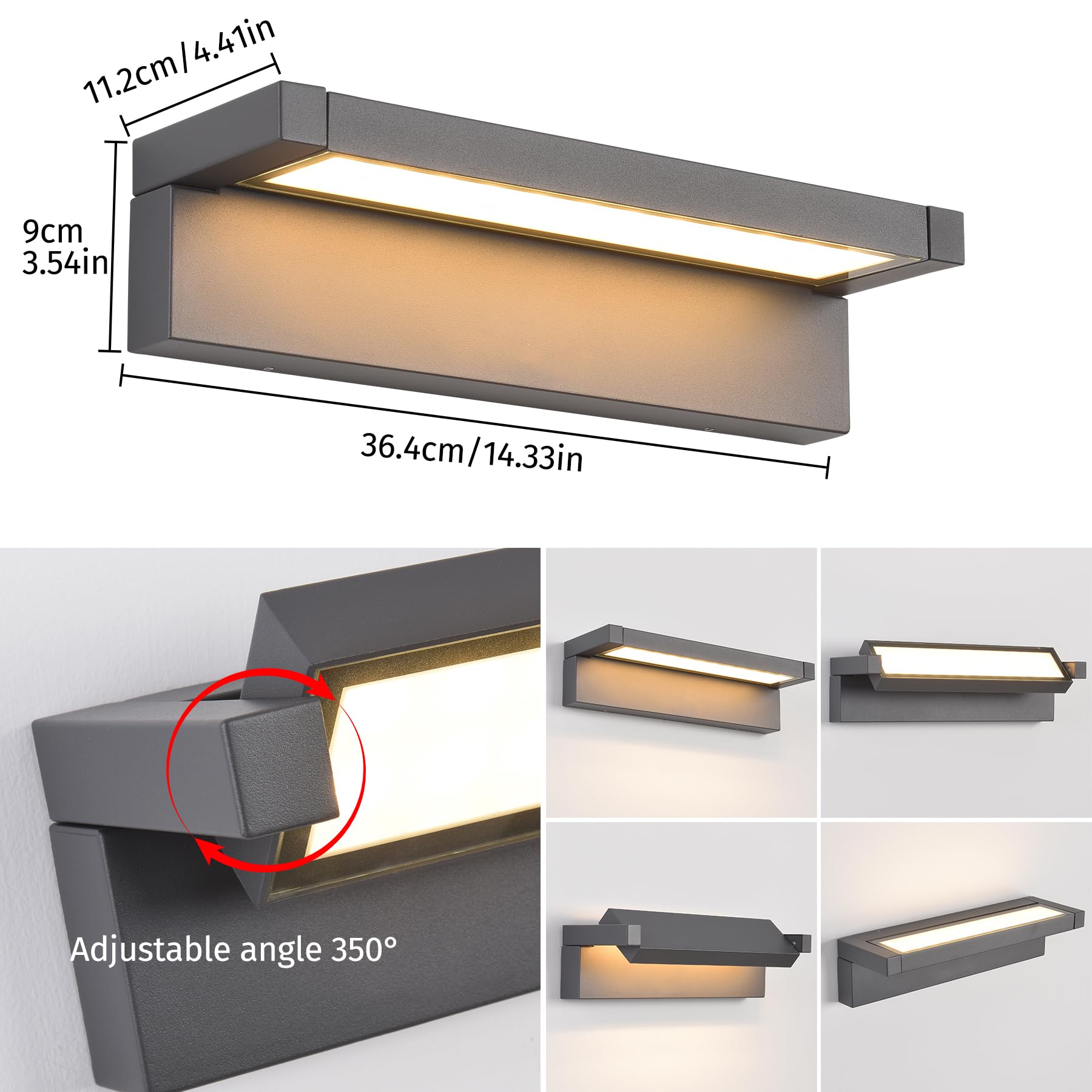 36W LED Outdoor Wall Lamp IP65 Waterproof with 350° Rotatable Panel – Dark Grey