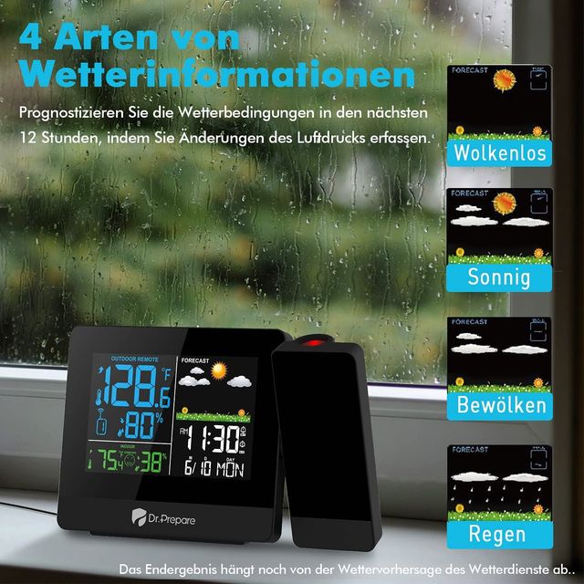 DR.PREPARE Projection Alarm Clock with Outdoor Sensor and Temperature Display