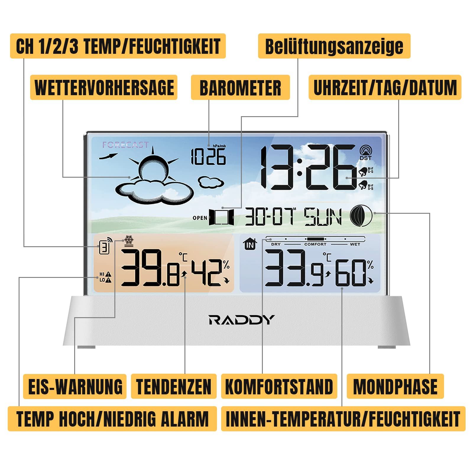 Raddy DT6 Weather Station Indoor Outdoor Digital Thermometer Hygrometer - Black