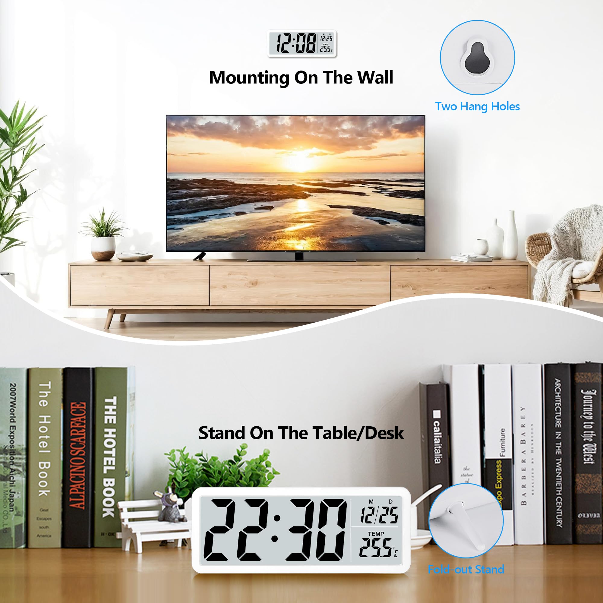 Sukeen Battery Operated Digital Wall Clock with Large Digits - White