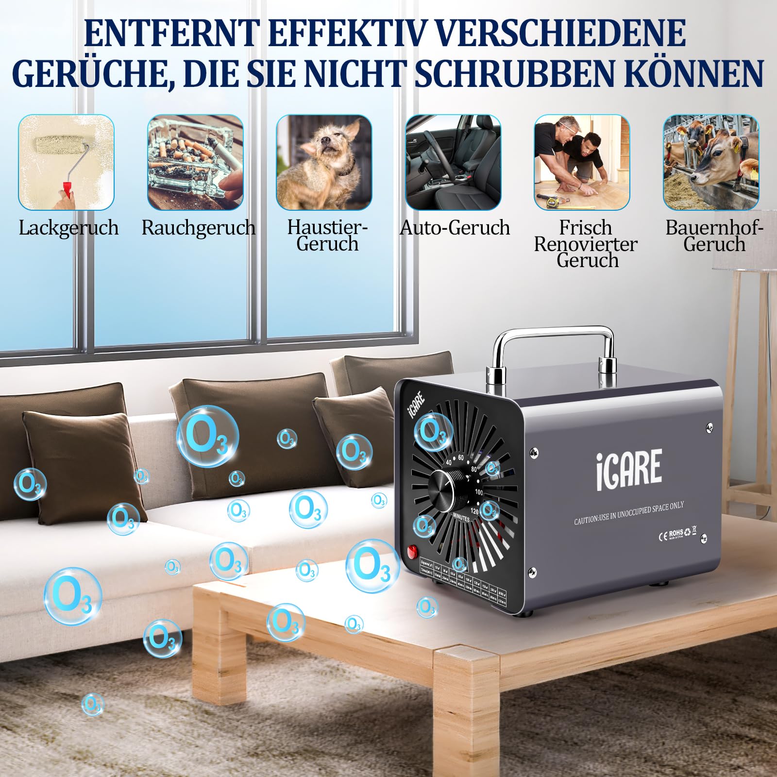 ICARE Ozone Generator 30000mg/h Industrial Air Purifier – 120-Minute Timer