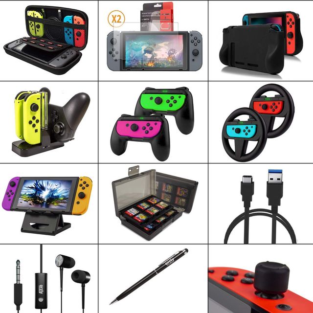 Nintendo Switch Accessory Set Case Screen Protector Joycon Grip - Black