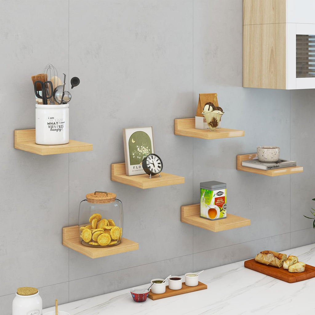 Small Floating Shelf Set of 6 Wooden Wall Shelves for Bedroom and Bathroom - Natural Wood