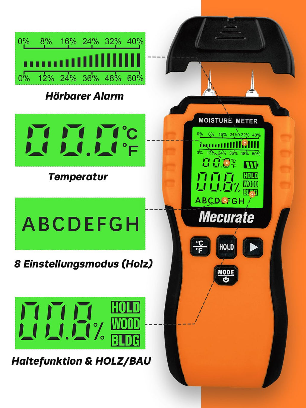 Mecurate pin-type moisture meter with LCD display - Battery powered