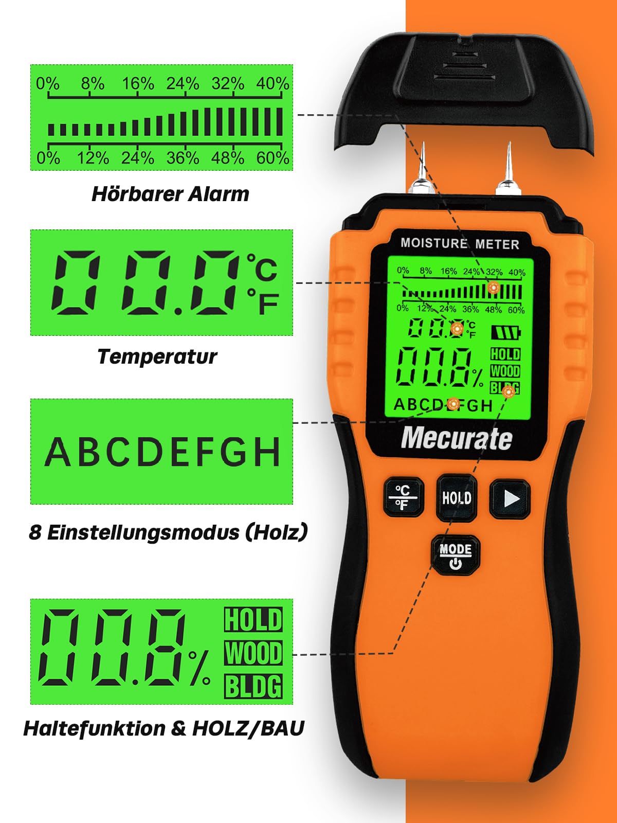 Mecurate pin-type moisture meter with LCD display - Battery powered