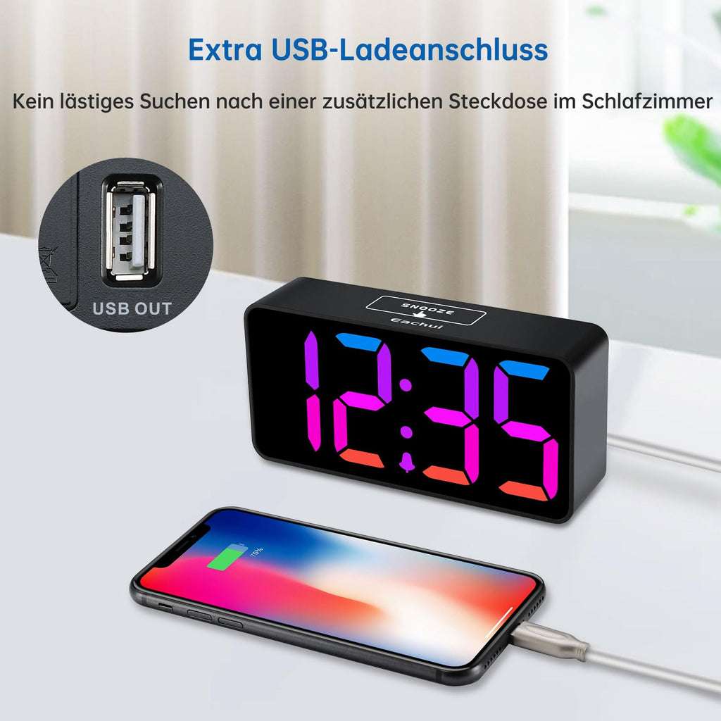 Digital LED Alarm Clock with RGB Color Display – USB Charging, Mains Powered