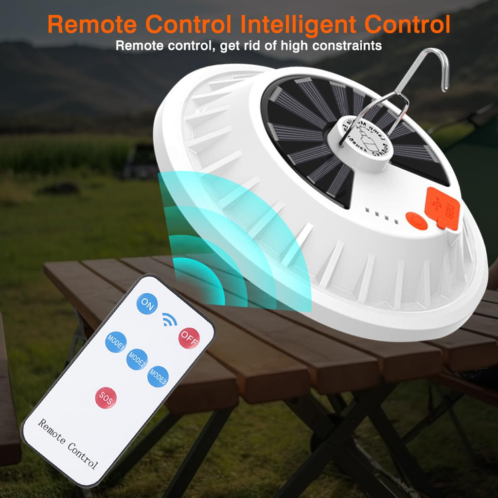 Solar Camping Lamp 2000LM Remote Control 5 Modes IPX7 Waterproof Rechargeable Tent Lamp – White