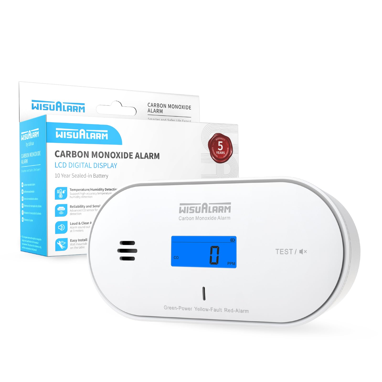 Carbon Monoxide Detector with Alarm – Temperature, Humidity, LCD, 10-Year Battery