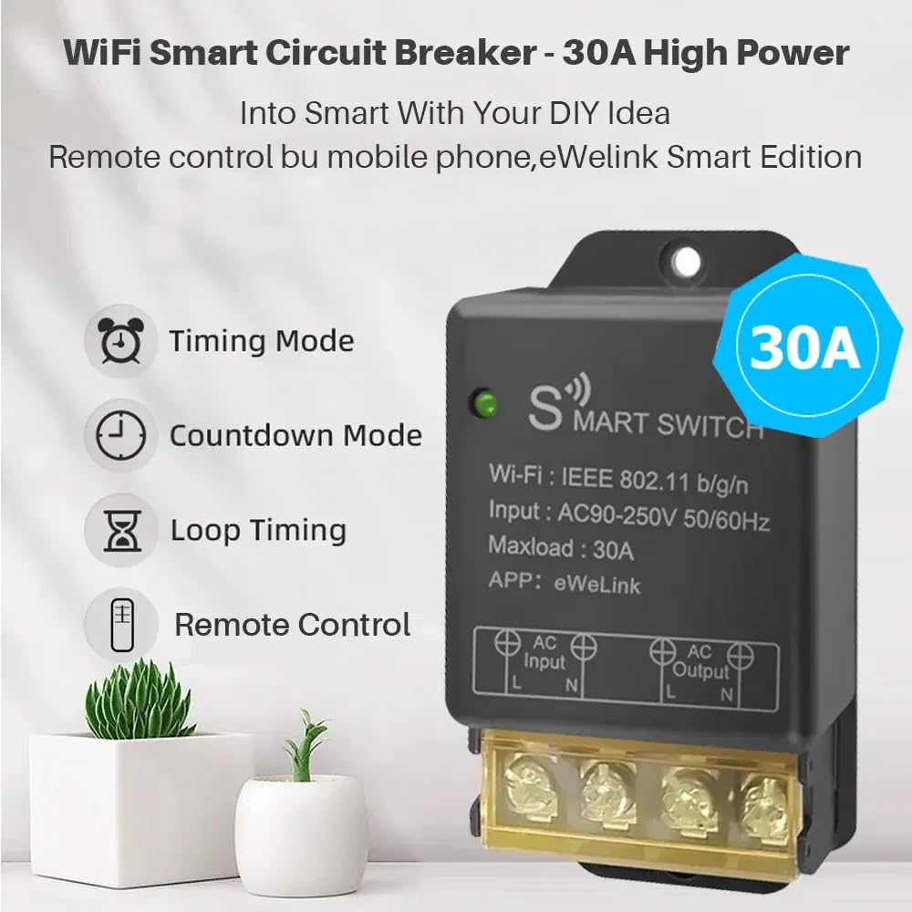 Moduł przekaźnika inteligentnego przełącznika WiFi 30A, sterowanie głosowe i timer zgodny z Alexą/Google Home