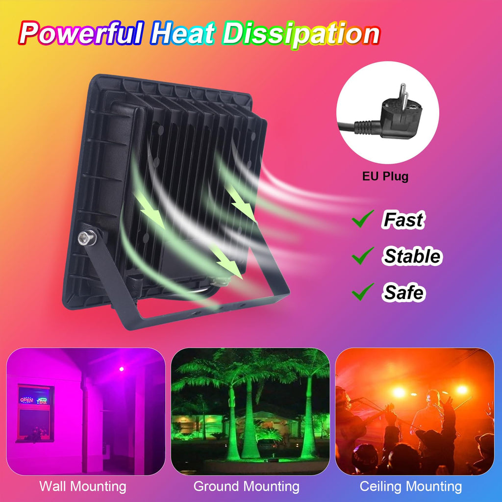 Fosingut 100W RGB LED Outdoor Dimmable Floodlight with Remote Control – IP66 Waterproof