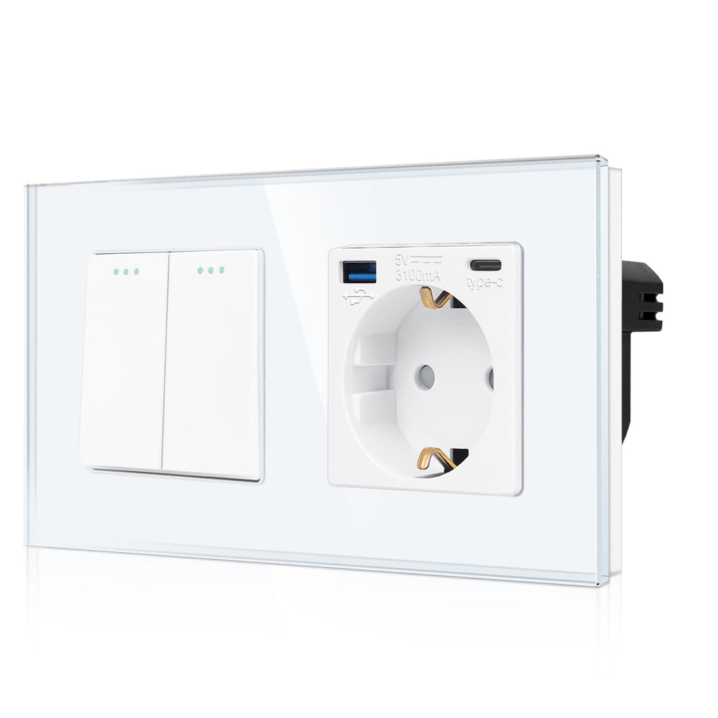 Light Switch with Schuko Socket and USB Ports Modern Flush-Mounted – Black