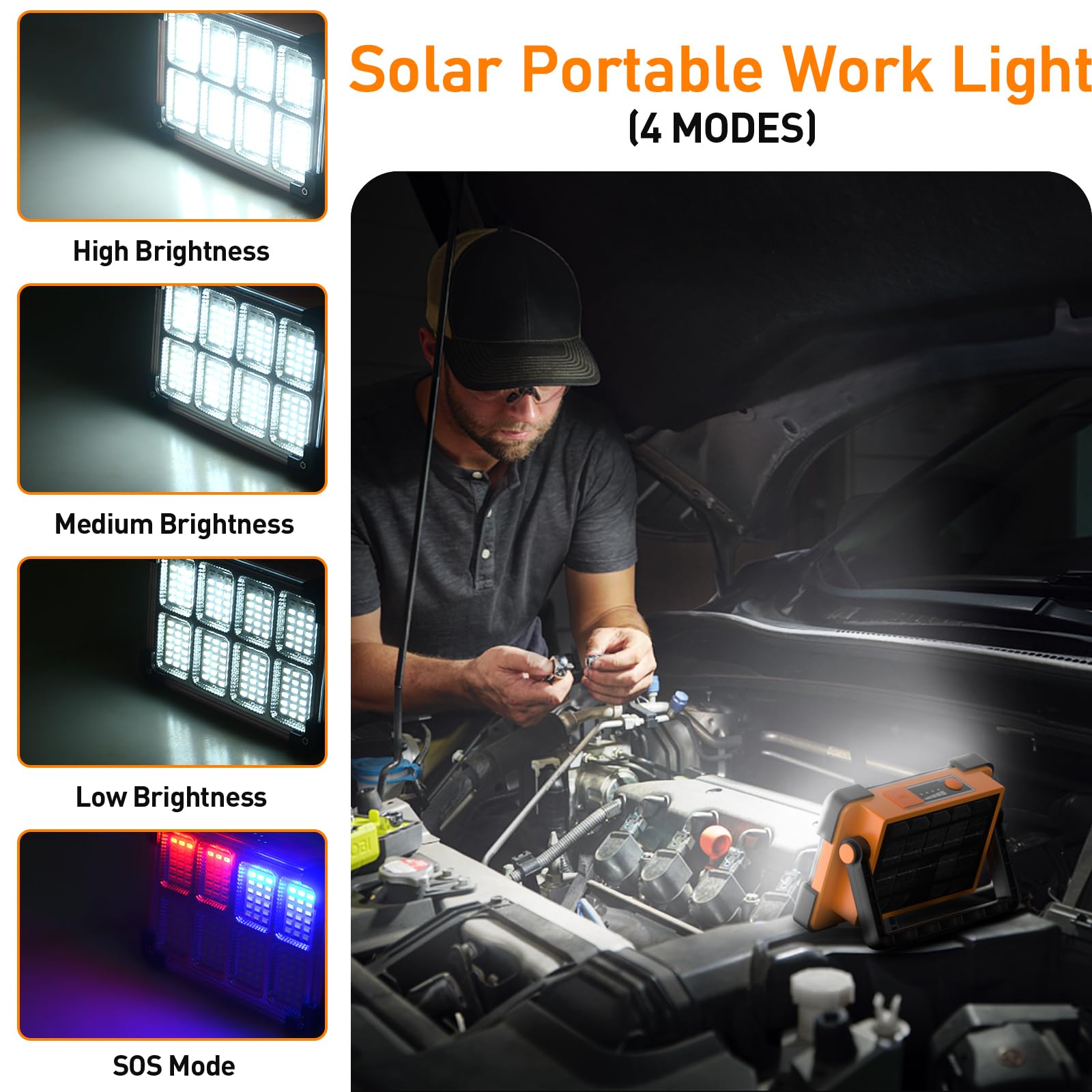 OHAYORI LED Rechargeable Floodlight 6000lm – 4 Modes, Solar+USB, PowerBank, 144 LEDs