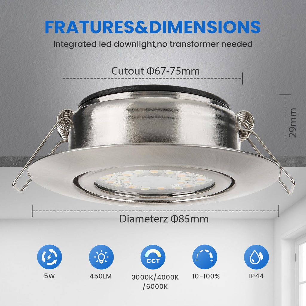 5W IP44 Dimmable Recessed LED Downlight for Bathroom, Kitchen, Living Room – Warm White