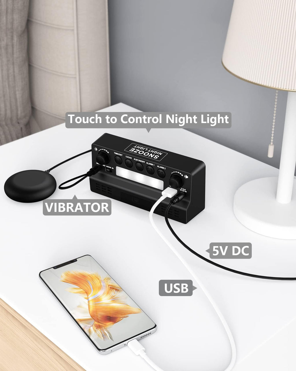 Vibrating Alarm Clock with Dual Alarm and Large Display – For Heavy Sleepers