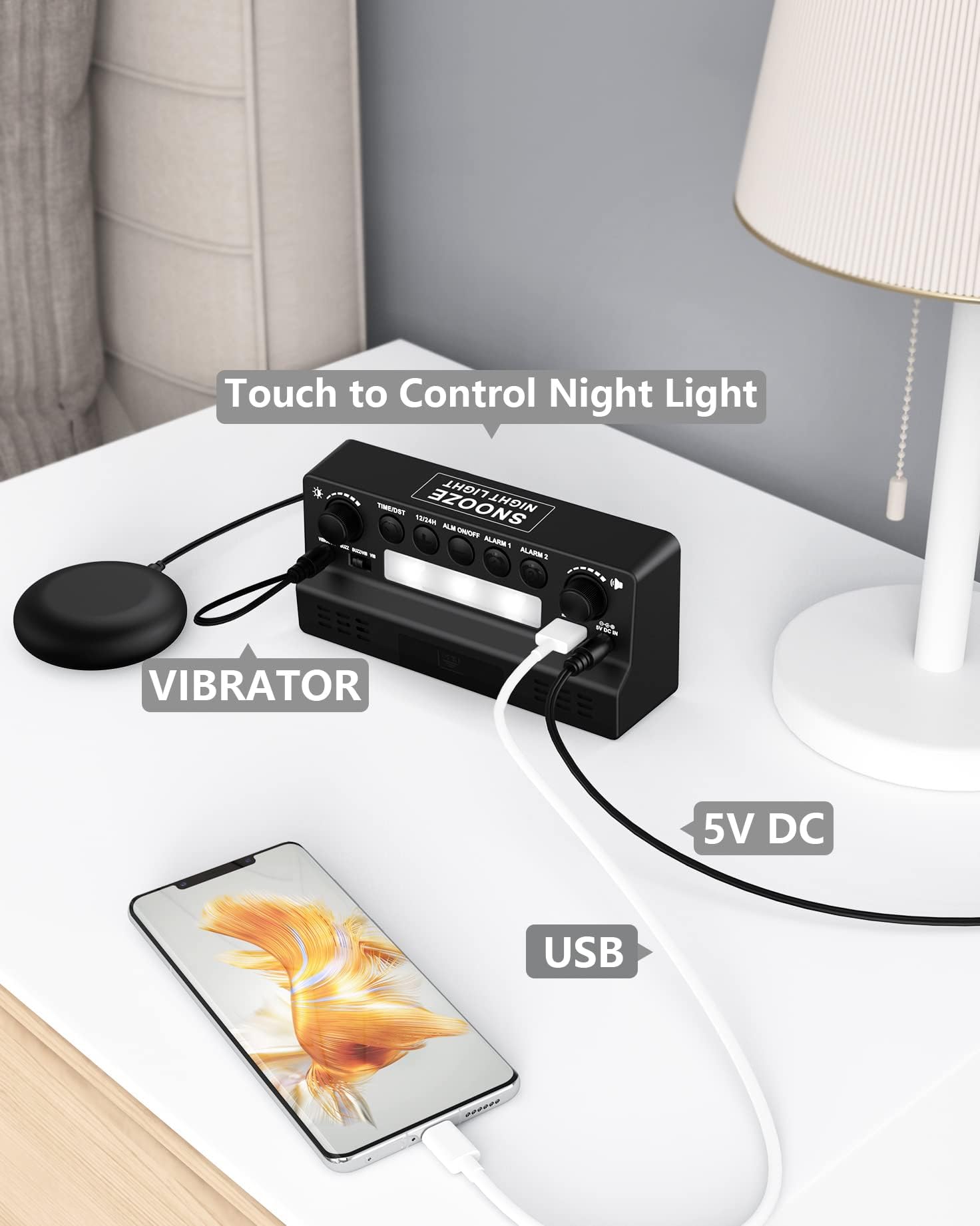 Vibrating Alarm Clock with Dual Alarm and Large Display – For Heavy Sleepers