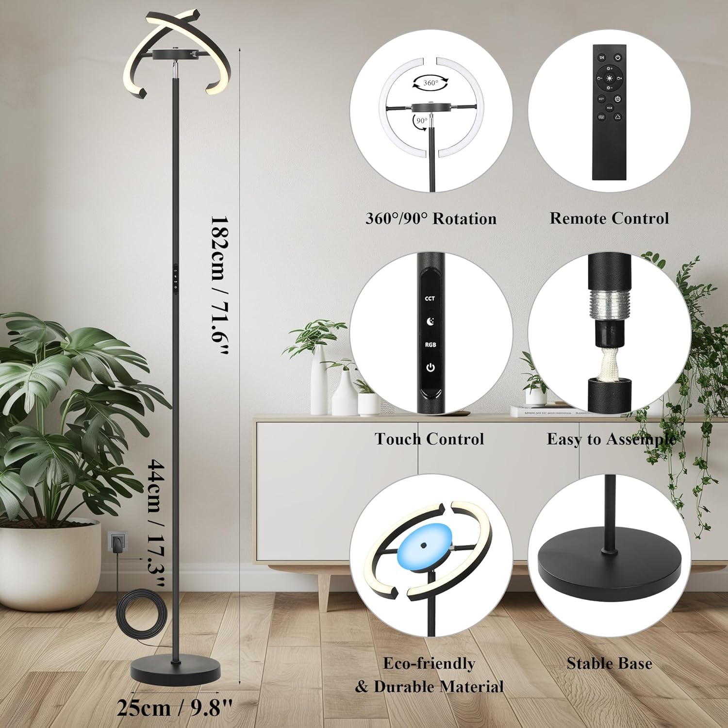 Lampa stojąca LED RGB ściemnialna 28W 182cm pilot dotyk 3000–6000K – Czarny